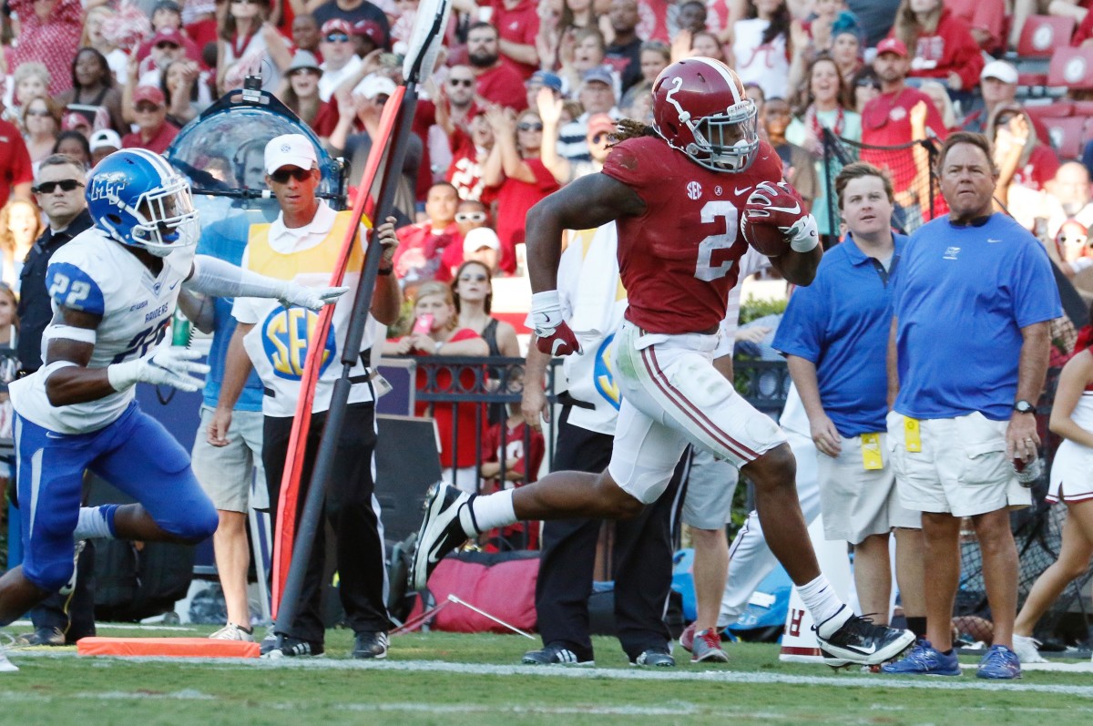 Sep 12, 2015; Tuscaloosa, AL, USA; Alabama Crimson Tide running back Derrick Henry (2) runs for a score against the Middle Tennessee Blue Raiders at Bryant-Denny Stadium.