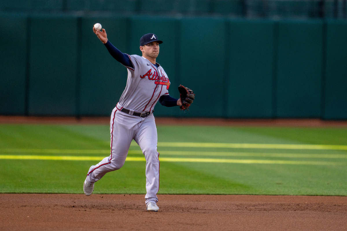 May 30, 2023; Oakland, California, USA; Atlanta Braves third baseman Austin Riley (27) throws out Oakland Athletics center fielder Esteury Ruiz (not pictured) during the first inning at Oakland-Alameda County Coliseum.