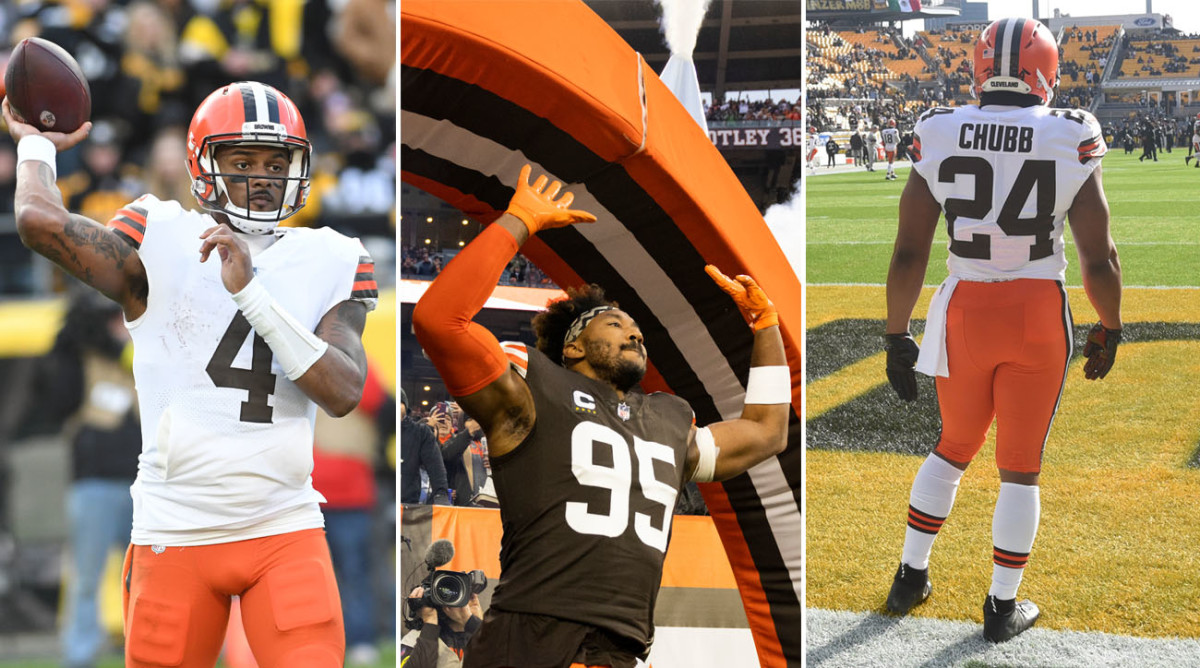 Deshaun Watson throws the ball; Myles Garrett runs onto the field under an arch with his hands up in the air; Nick Chubb stands in an endzone looking toward the field