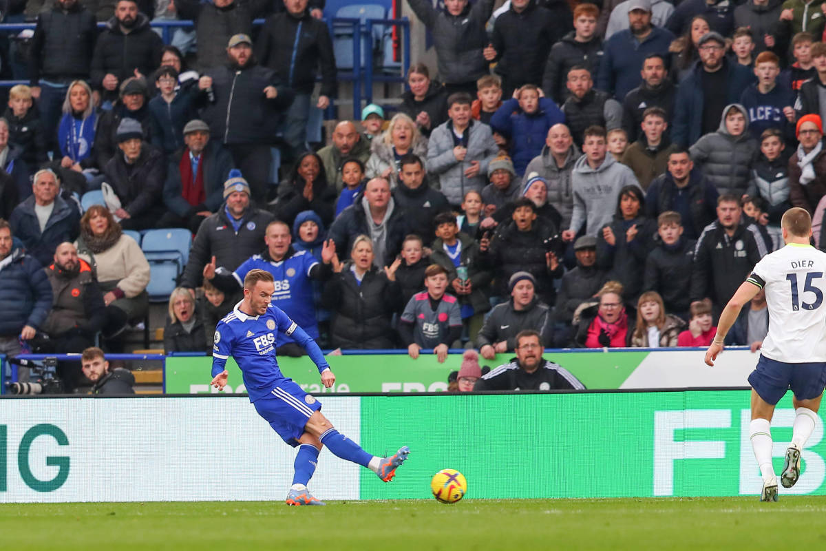 James Maddison pictured shooting to score for Leicester City against Tottenham Hotspur in February 2023