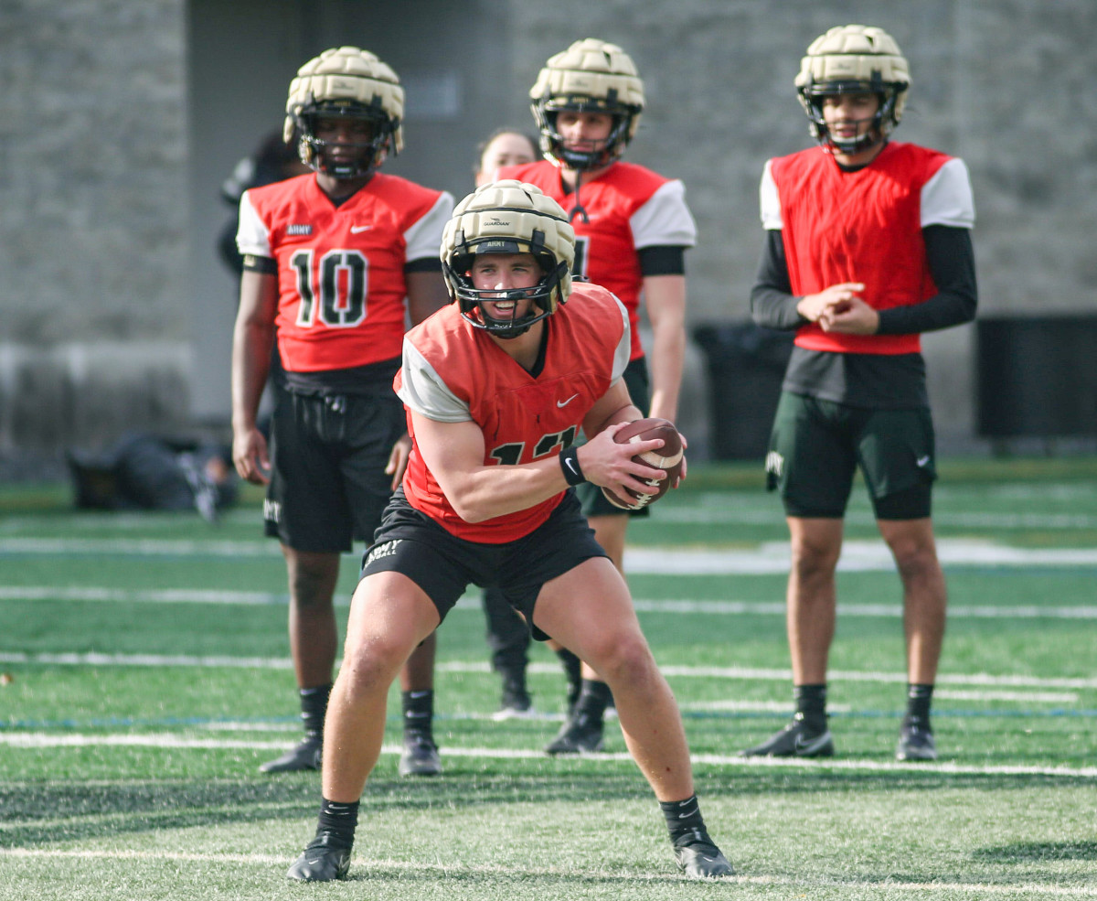 Army QB Bryson Daily works through a drill during a spring football practice.