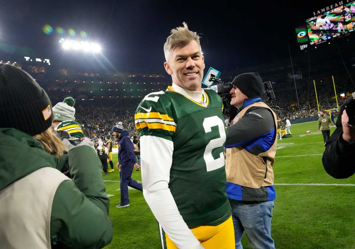 Green Bay Packers place kicker Mason Crosby (2) is all smiles after kicking the game winning field goal after their 31-28 overtime win against the Dallas Cowboys on Sunday, Nov. 13, 2022 at Lambeau Field in Green Bay. Packers Cowboys