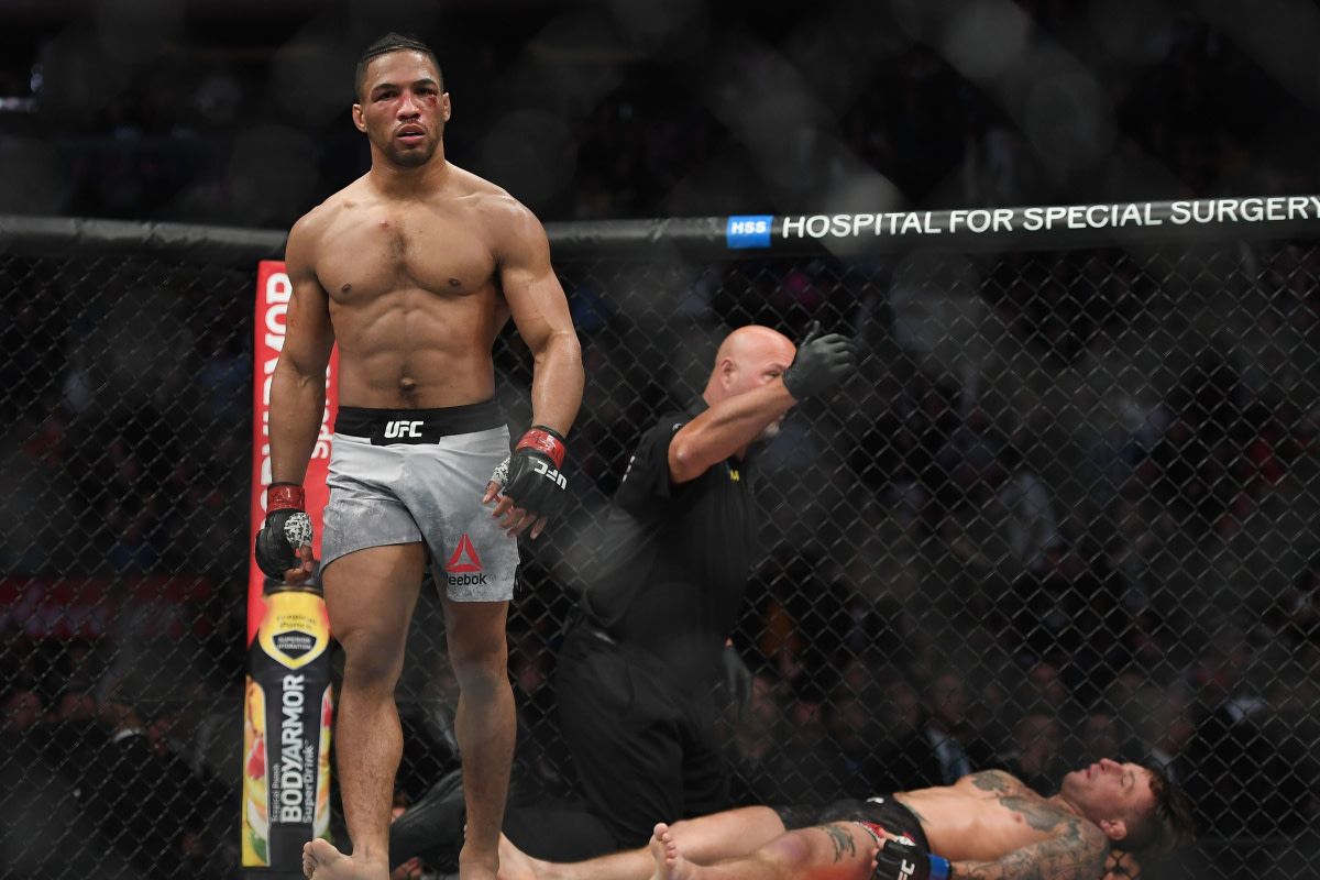 Kevin Lee knocks Gregor Gillespie out cold with a head kick at a UFC event.