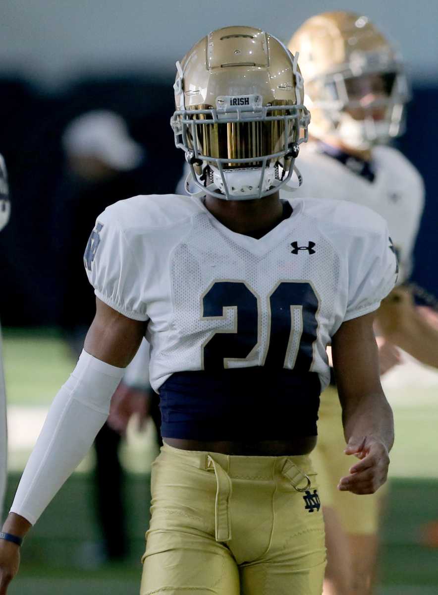 Notre Dame cornerback Benjamin Morrison (20) goes through drills Wednesday, April 12, 2023, during spring football practice on the Notre Dame campus. Nd Fb Spring Practice