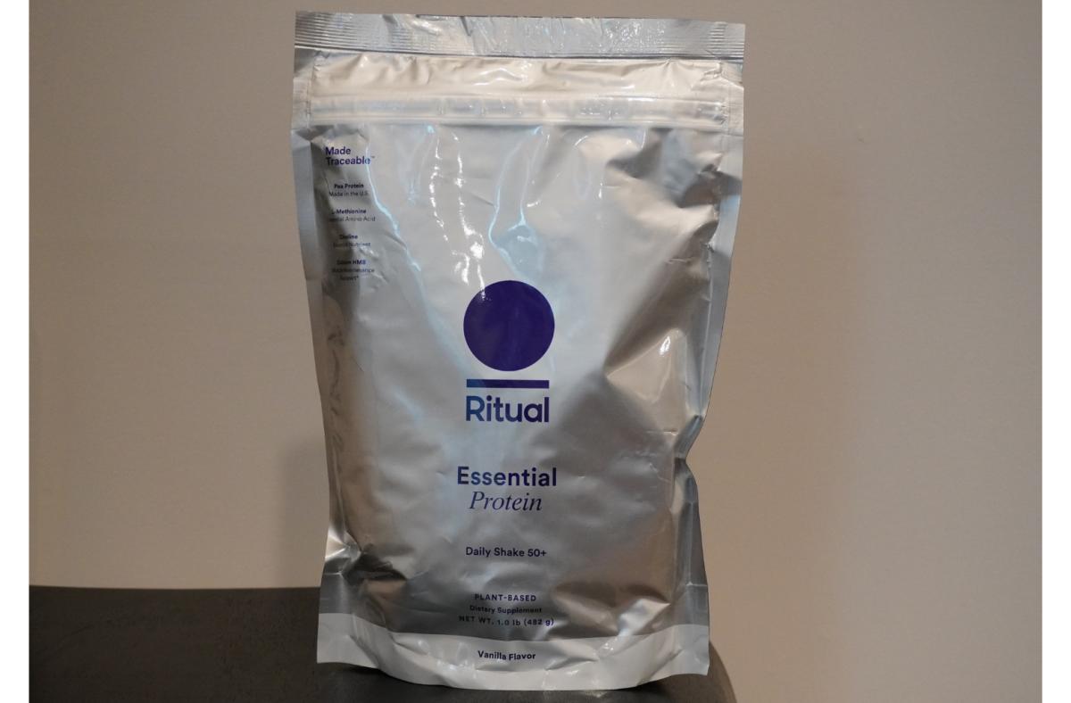 A bag of vanilla flavored, plant-based Ritual Essential Daily Protein Shake for ages 50+