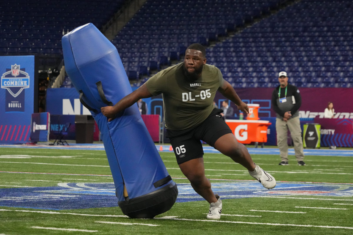 Mar 2, 2023; Indianapolis, IN, USA; Texas defensive lineman Keondre Coburn (DL05) participates in the NFL Combine at Lucas Oil Stadium. Mandatory Credit: Kirby Lee-USA TODAY Sports