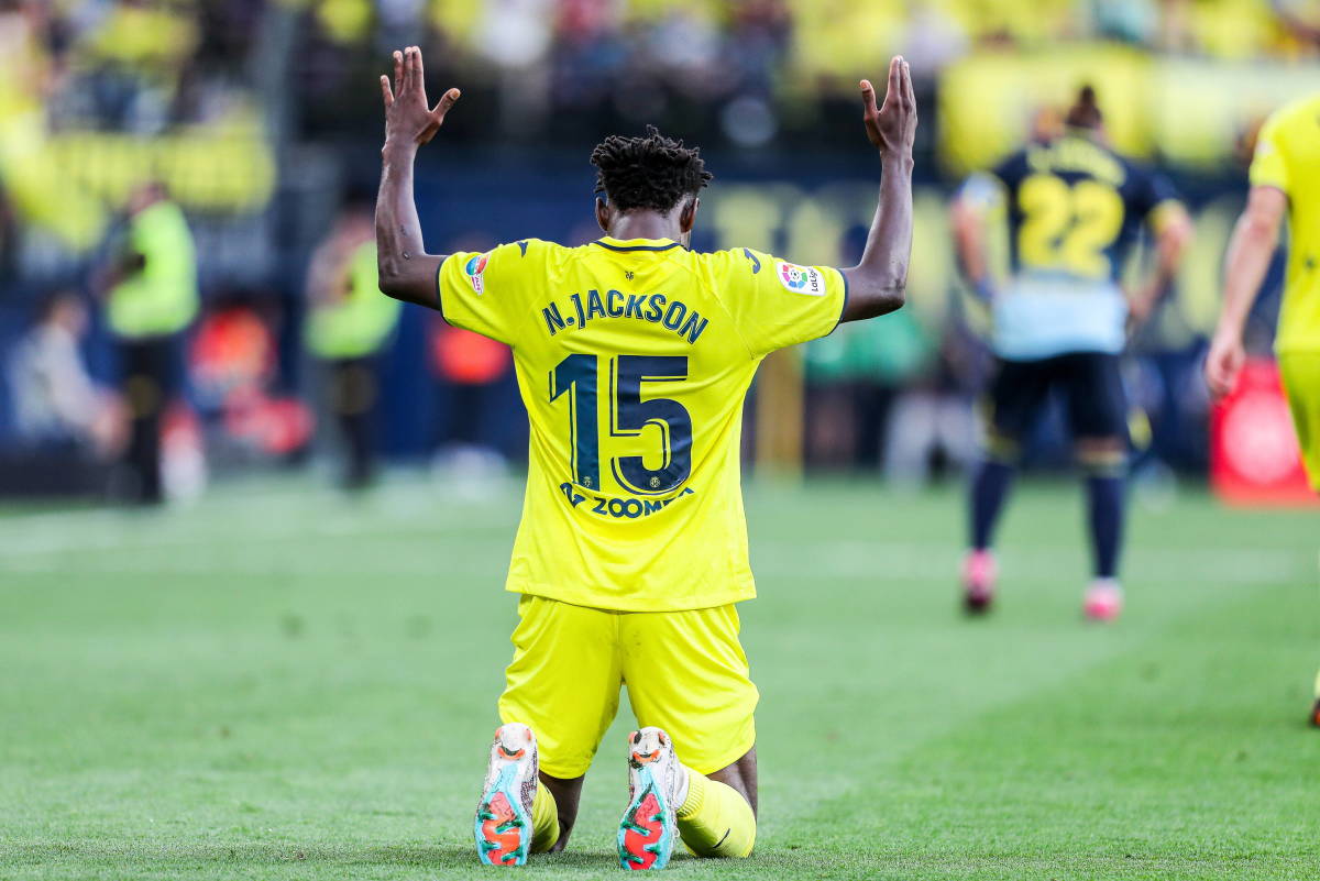 Nicolas Jackson pictured celebrating after scoring a goal for Villarreal against Cadiz in May 2023