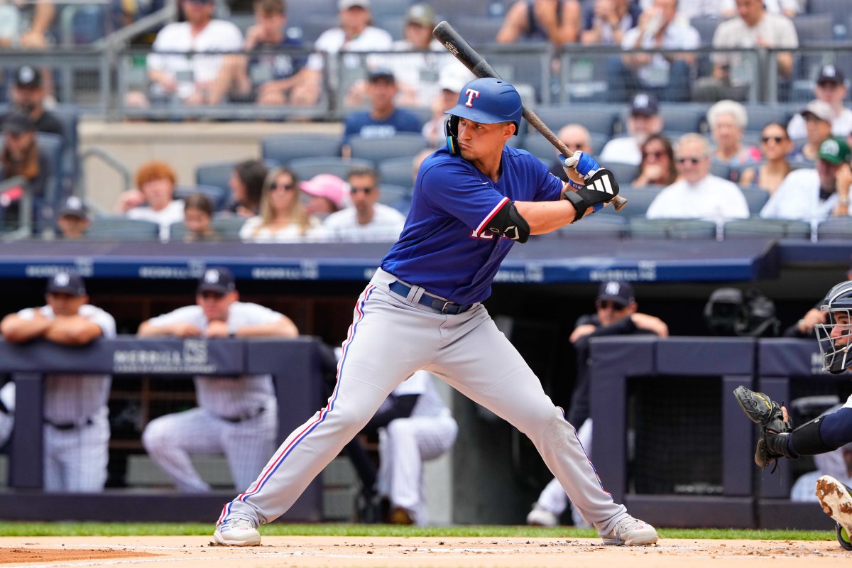 Jun 25, 2023; Bronx, New York, USA; Texas Rangers shortstop Corey Seager (5) at bat against the New York Yankees during the first inning at Yankee Stadium. Mandatory Credit: Gregory Fisher-USA TODAY Sports