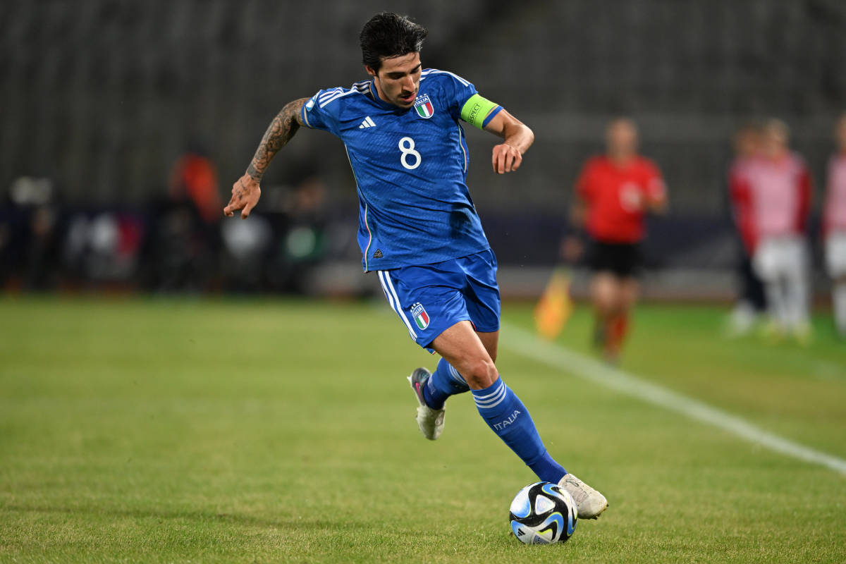 Sandro Tonali pictured playing for Italy at the 2023 UEFA European Under-21 Championship in Romania