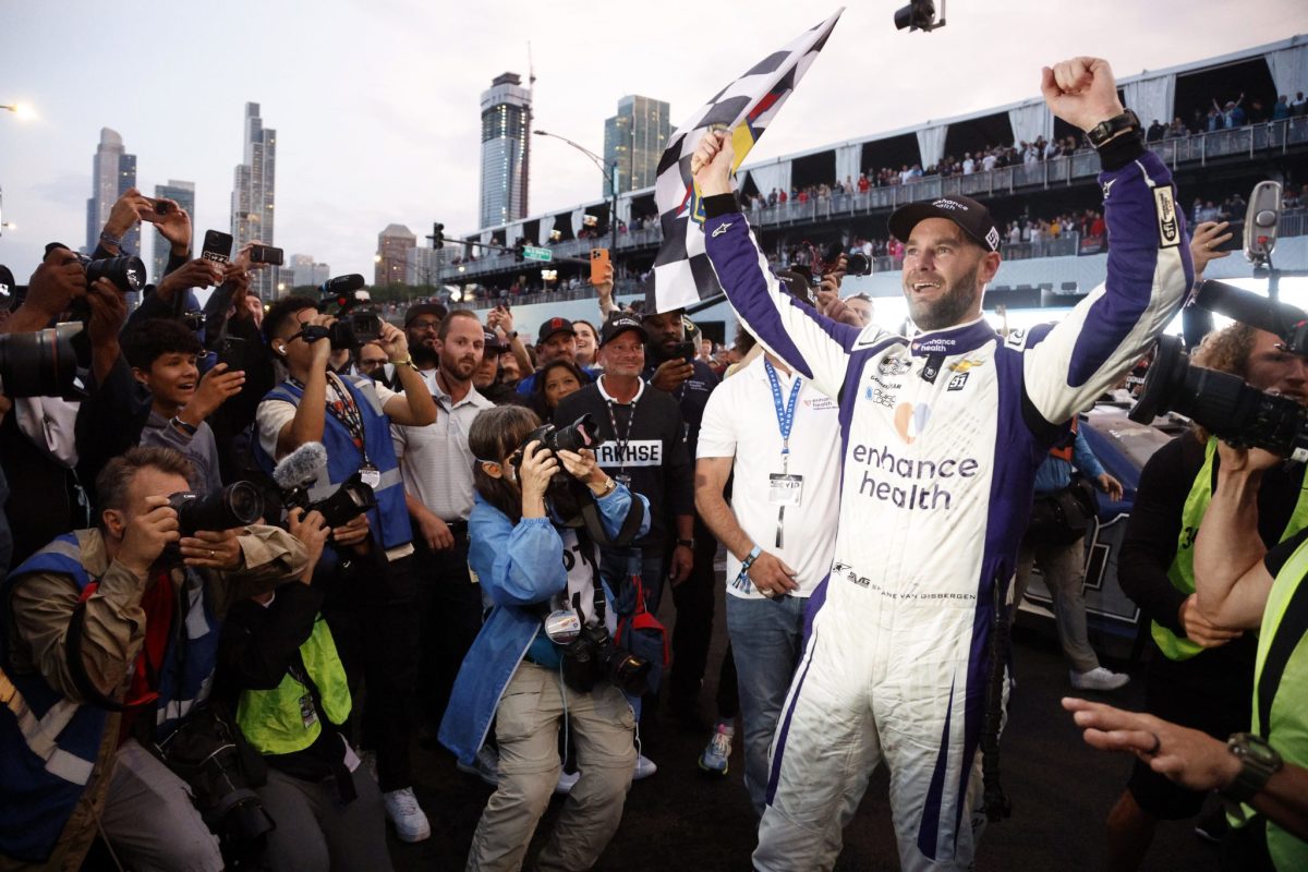 Shane Van Gisbergen celebrates after winning his NASCAR Cup debut in the inaugural Chicago street race. Photo courtesy NASCAR.