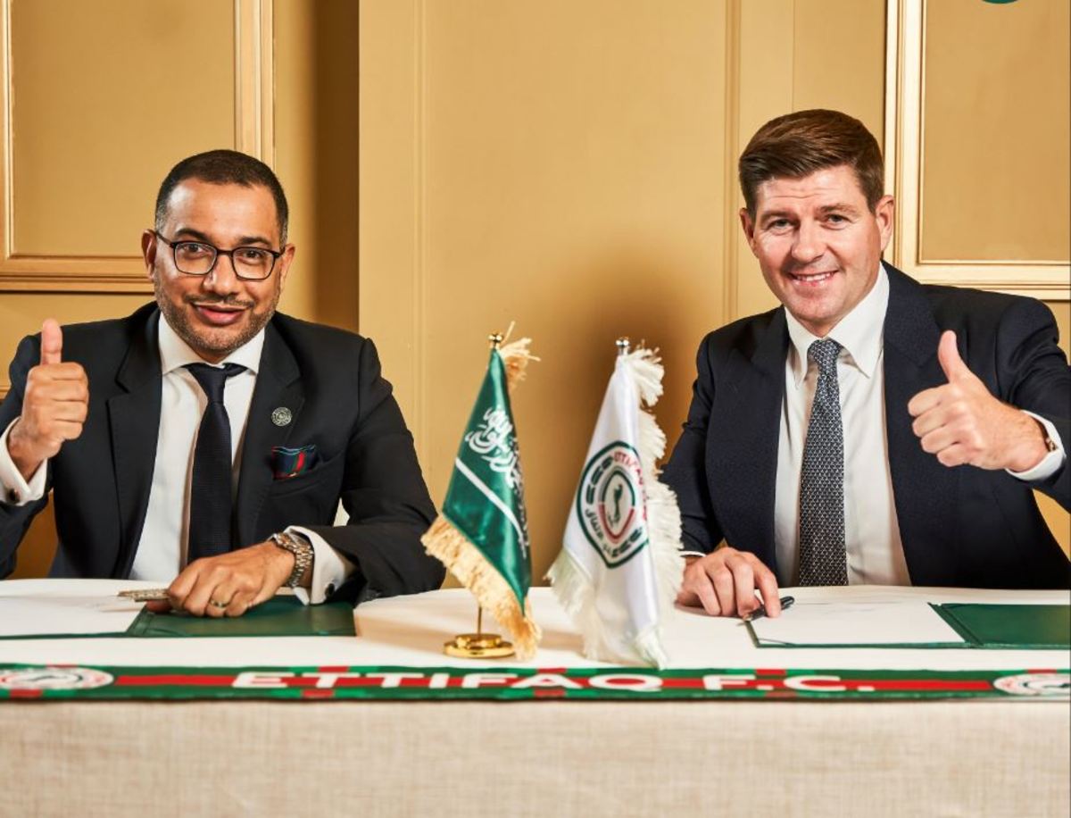 Steven Gerrard pictured (right) alongside Al-Ettifaq chairman Khalid Al-Dabal after the former Liverpool captain joined the Saudi Pro League club as manager in July 2023