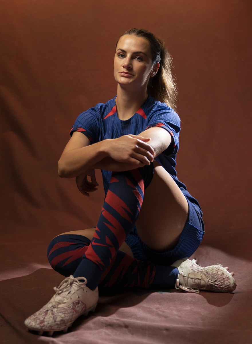 Closeup portrait of US women's national team defender Emily Fox posing during a photo shoot at the Fairmont Hotel.