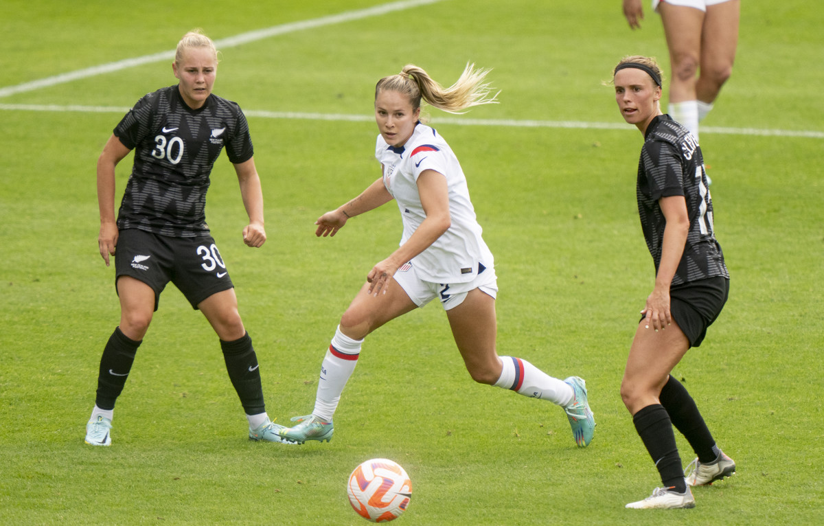 U.S. midfielder Ashley Sanchez in action, battles for the ball vs New Zealand Ferns during game at Eden Park.