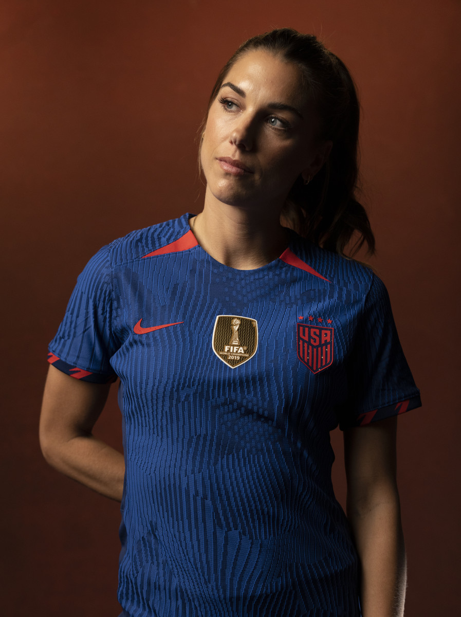 Closeup portrait of US women's national team forward Alex Morgan posing during a photo shoot.
