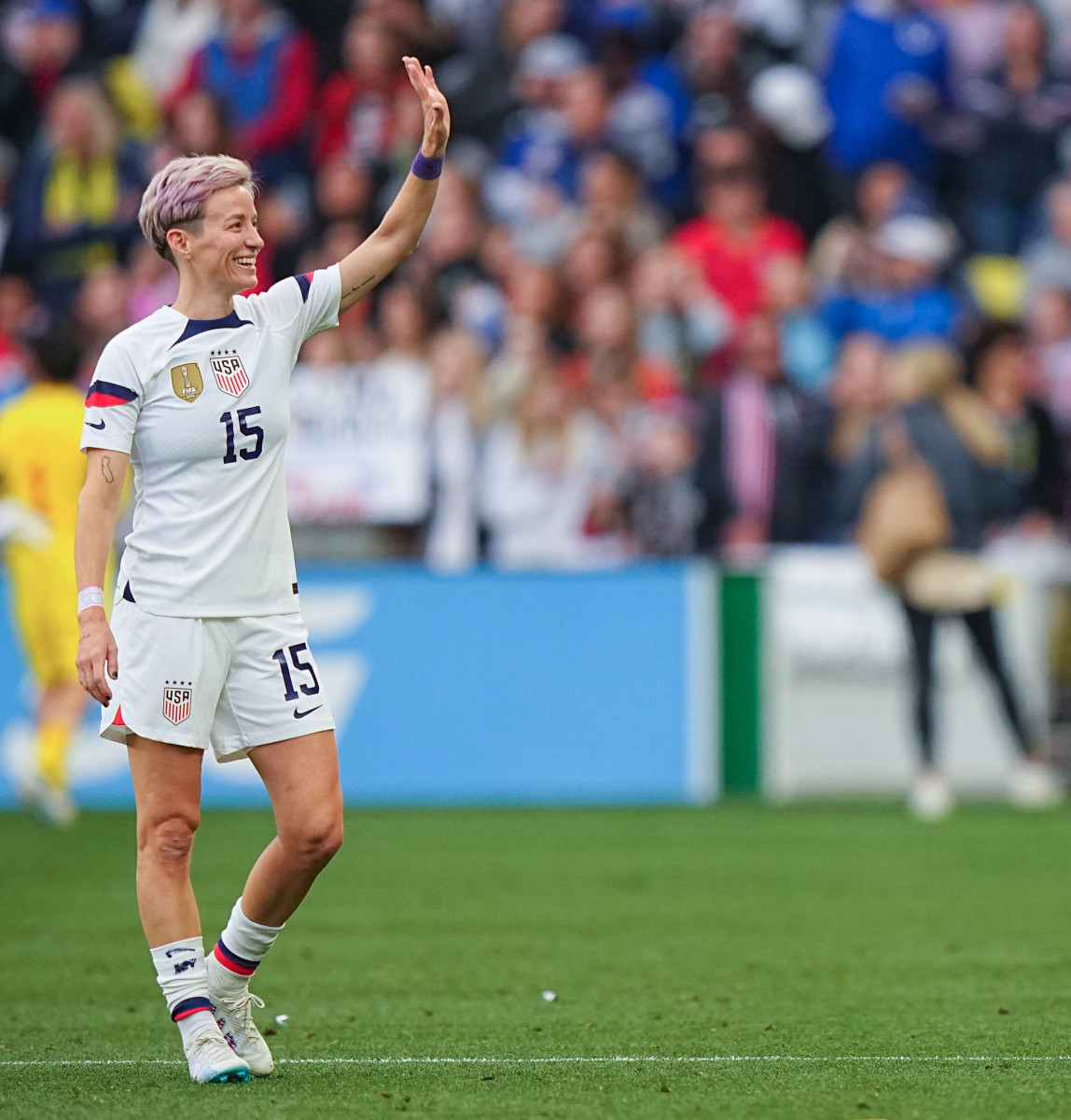 U.S. forward Megan Rapinoe waves to the crowd during the SheBelieves Cup.