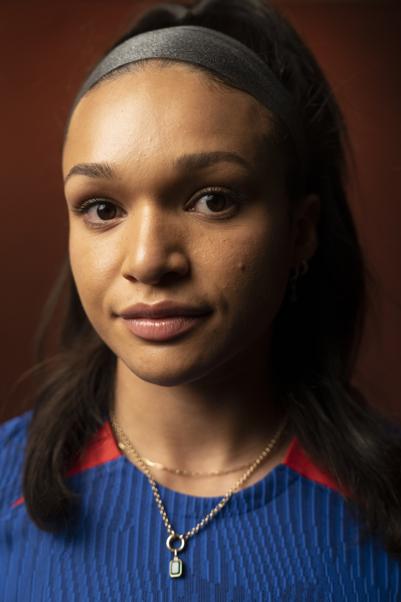 Closeup portrait of US women's national team forward Sophia Smith posing during a photo shoot at the Fairmont Hotel.