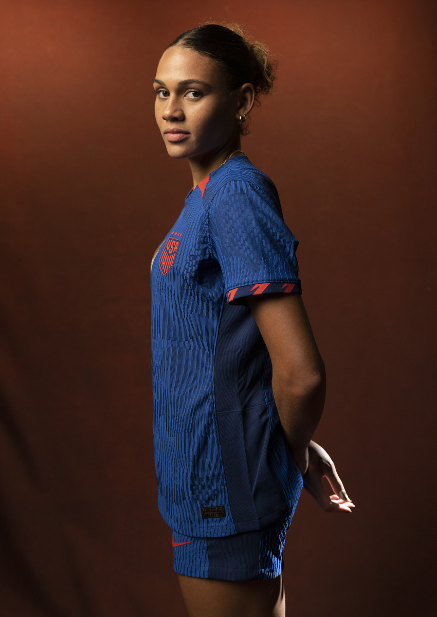 Closeup portrait of US women's national team forward Trinity Rodman posing during a photo shoot.