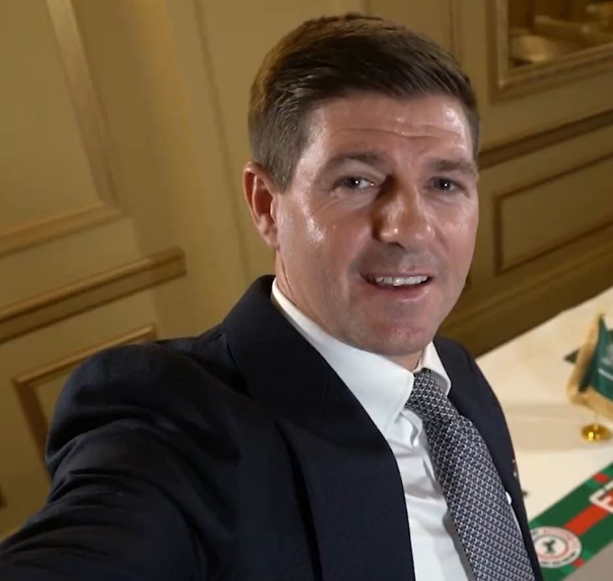 Steven Gerrard pictured taking a selfie video to deliver a message, spoken in Arabic, to fans of Al-Ettifaq after being appointed as the team's new manager in July 2023