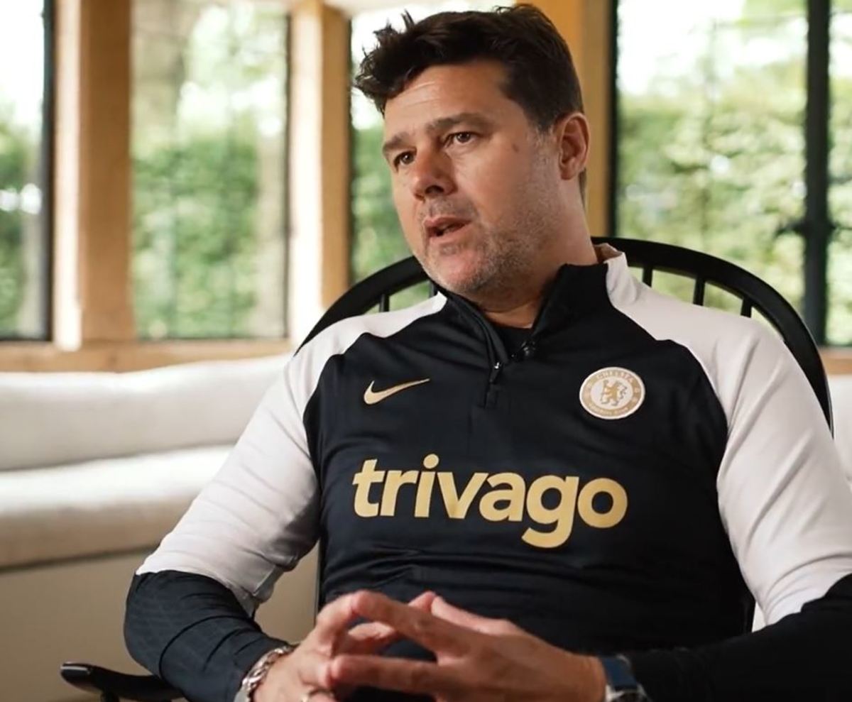 Mauricio Pochettino pictured during his first interview as Chelsea manager in July 2023