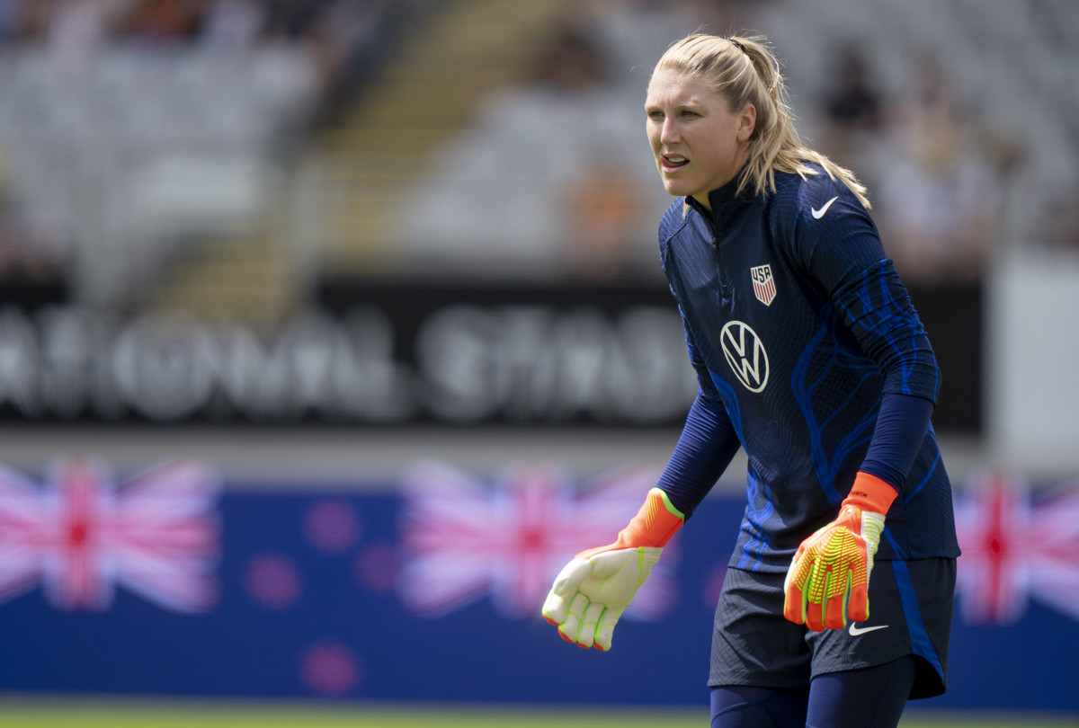 USA goalie Casey Murphy in action, looks on vs New Zealand Ferns during game at Eden Park.