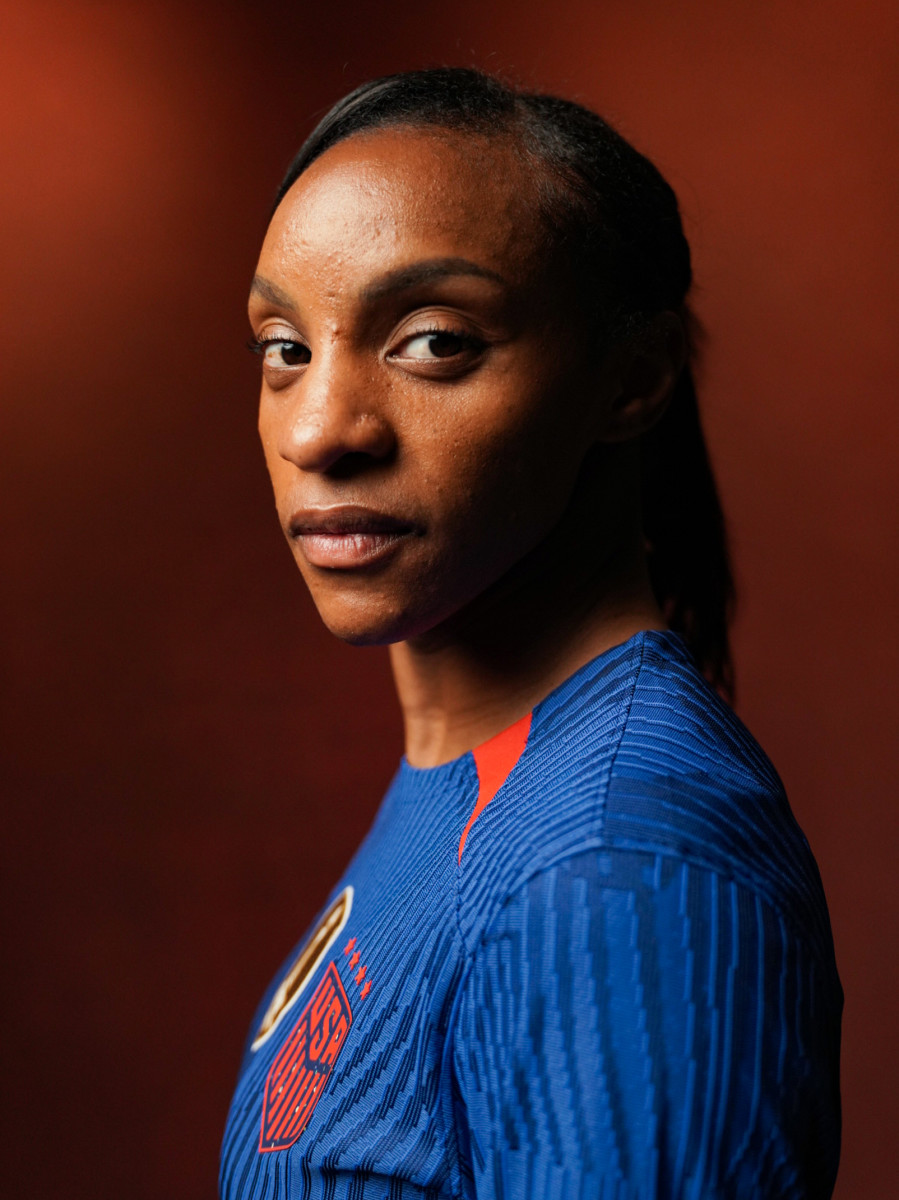 U.S. women's national team defender Crystal Dunn looks at the camera for a portrait.