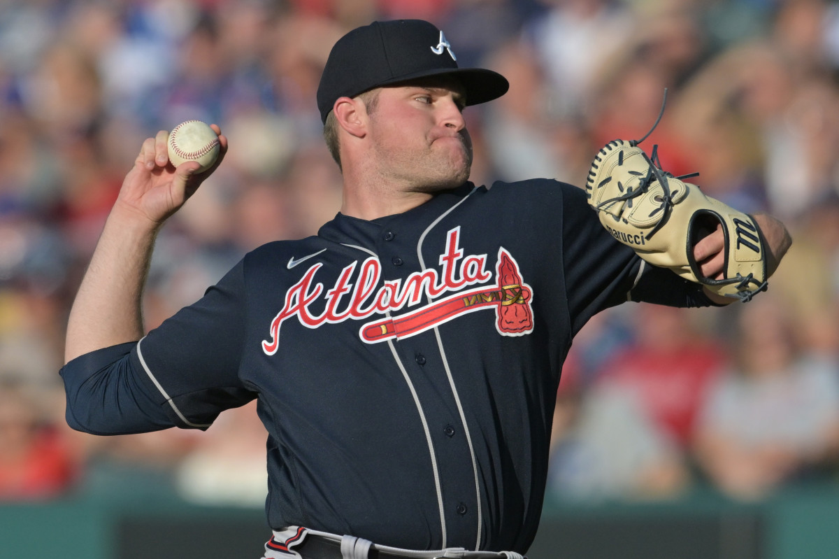 Jul 3, 2023; Cleveland, Ohio, USA; Atlanta Braves starting pitcher Bryce Elder (55) throws a pitch during the first inning against the Cleveland Guardians at Progressive Field. Mandatory Credit: Ken Blaze-USA TODAY Sports