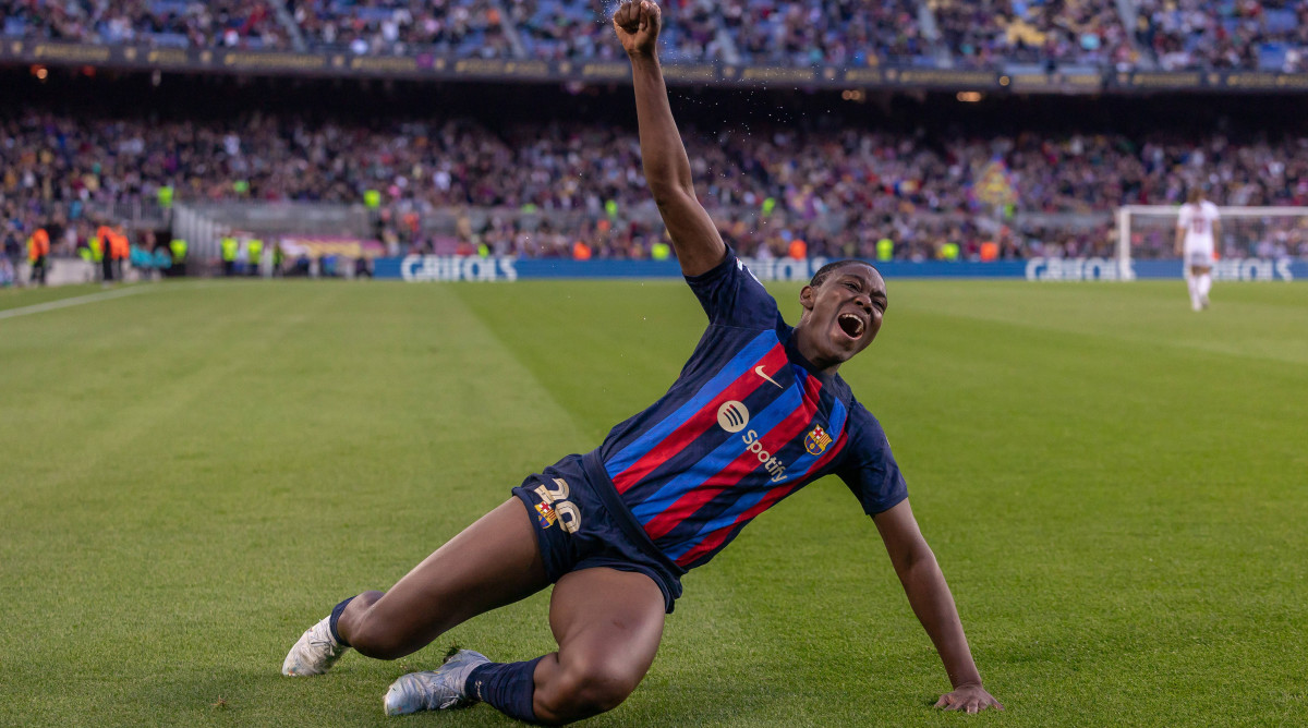 Asisat Oshoala of FC Barcelona celebrates during the UEFA Women's Champions League match against AS Roma.