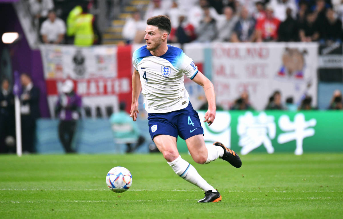 Declan Rice pictured playing for England against France at the 2022 FIFA World Cup in Qatar