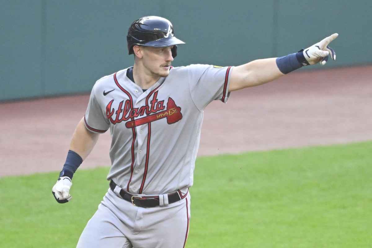 Jul 5, 2023; Cleveland, Ohio, USA; Atlanta Braves catcher Sean Murphy (12) celebrates his solo home run in the third inning against the Cleveland Guardians at Progressive Field. Mandatory Credit: David Richard-USA TODAY Sports