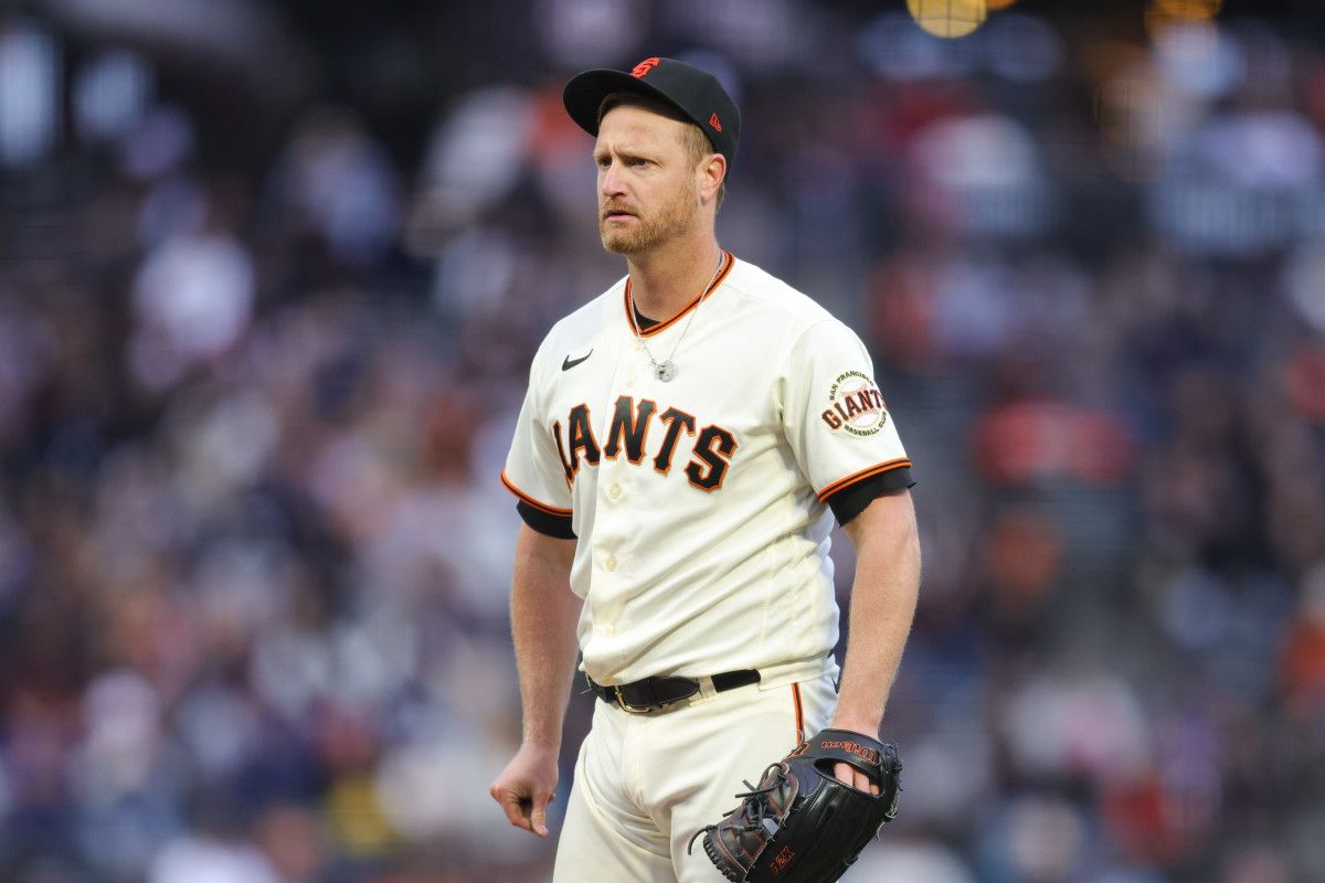 SF Giants starting pitcher Alex Cobb reacts after getting called for a balk during the sixth inning against the Seattle Mariners at Oracle Park on July 5, 2023.