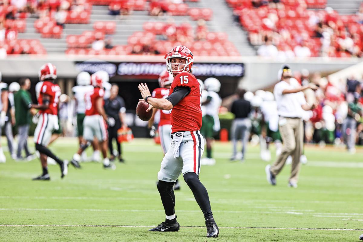 Georgia quarterback Carson Beck (15) before the Bulldogs’ game against UAB in Athens, (Photo by Tony Walsh)