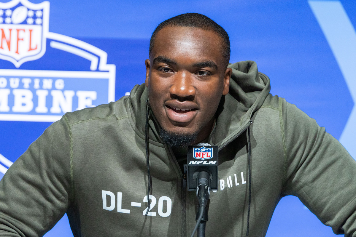Mar 1, 2023; Indianapolis, IN, USA; Northwestern defensive lineman Adetomiwa Adebawore (DL20) speaks to the press at the NFL Combine at Lucas Oil Stadium. Mandatory Credit: Trevor Ruszkowski-USA TODAY Sports