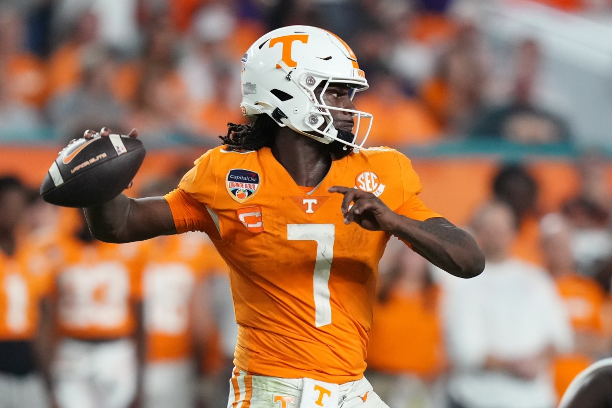 Tennessee Volunteers quarterback Joe Milton III (7) throws a pass against the Clemson Tigers during the second half of the 2022 Orange Bowl at Hard Rock Stadium.