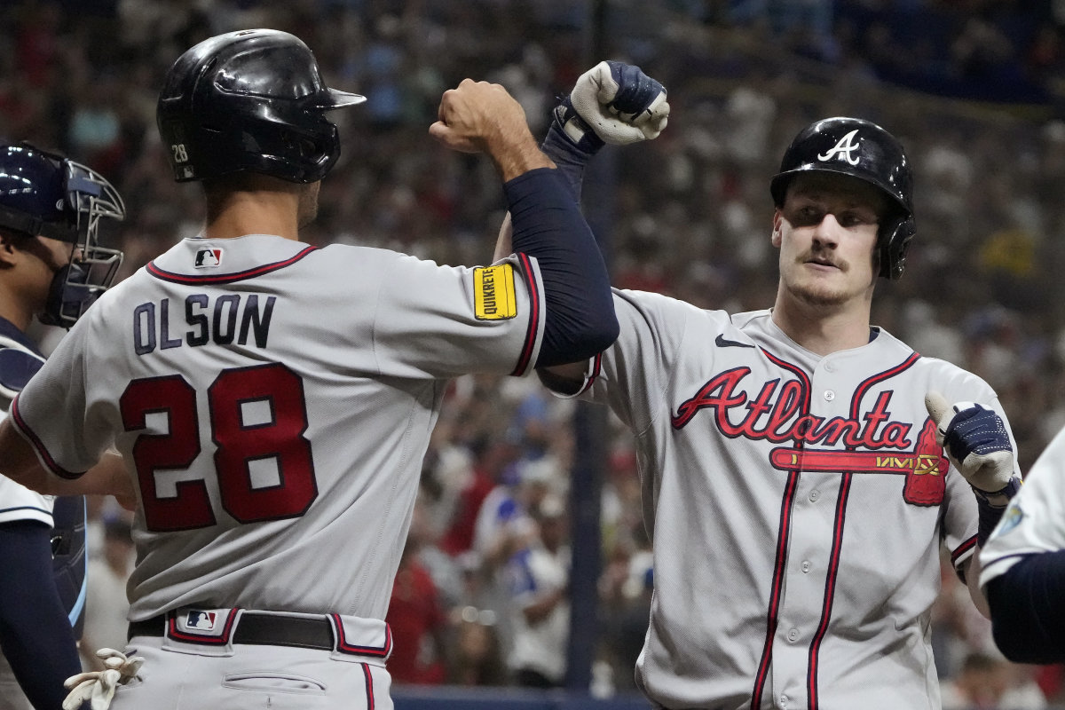 Jul 7, 2023; St. Petersburg, Florida, USA; Atlanta Braves catcher Sean Murphy (12) is congratulated by first baseman Matt Olson (28) after hitting a two run home run against the Tampa Bay Rays during the fourth inning at Tropicana Field.