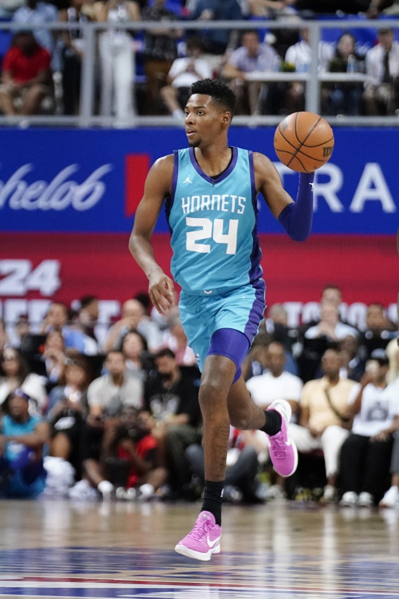 Charlotte Hornets forward Brandon Miller (24) dribbles the ball against the San Antonio Spurs during the first half at Thomas & Mack Center.