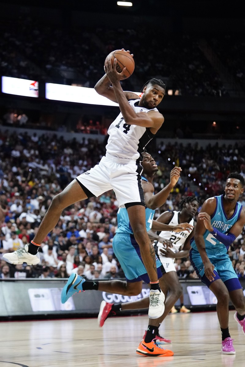 San Antonio Spurs guard Blake Wesley (14) catches the rebound against the Charlotte Hornets during the first half at Thomas & Mack Center.