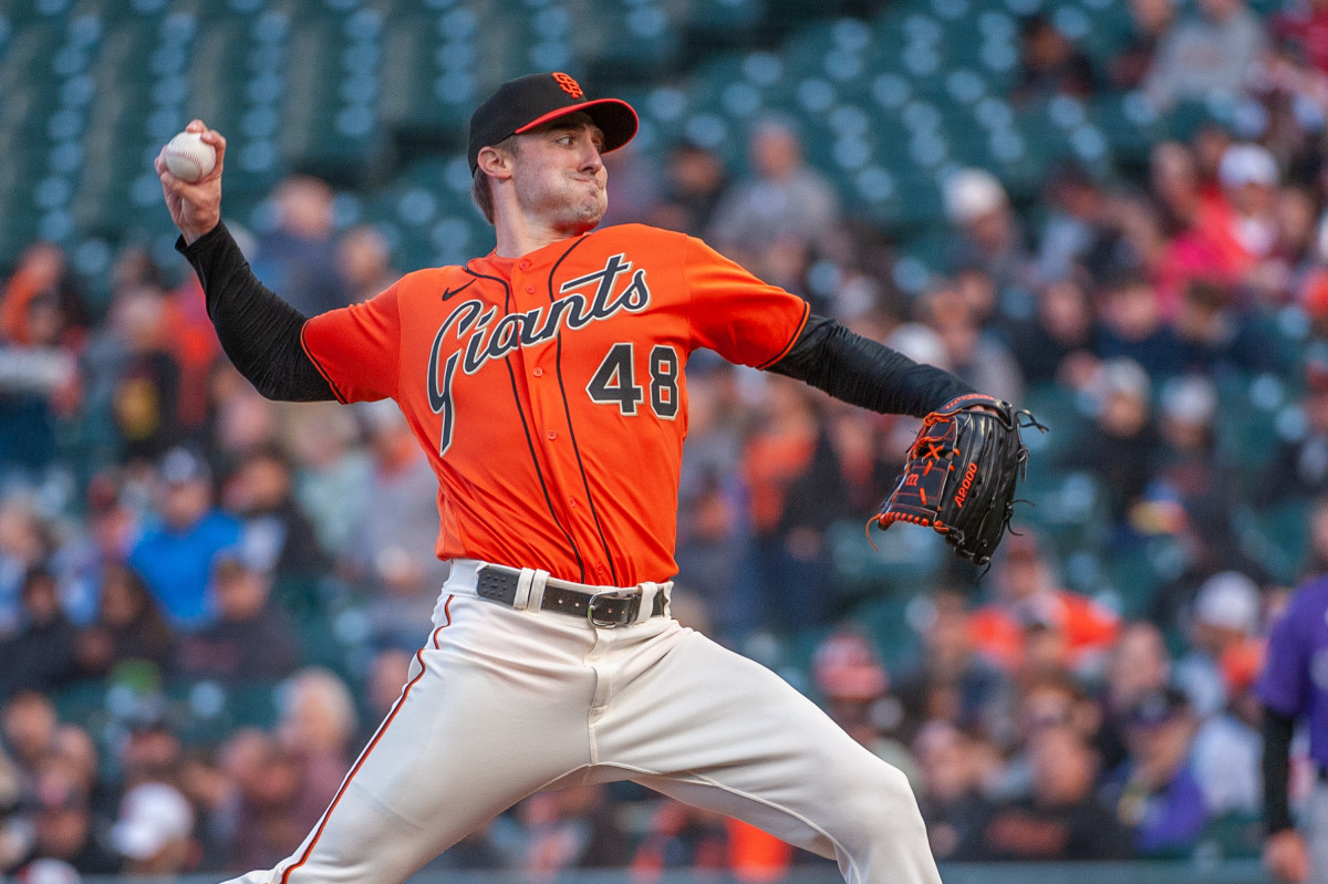 SF Giants relief pitcher Ross Stripling throws a pitch against the Colorado Rockies during the first inning at Oracle Park on July 7, 2023.