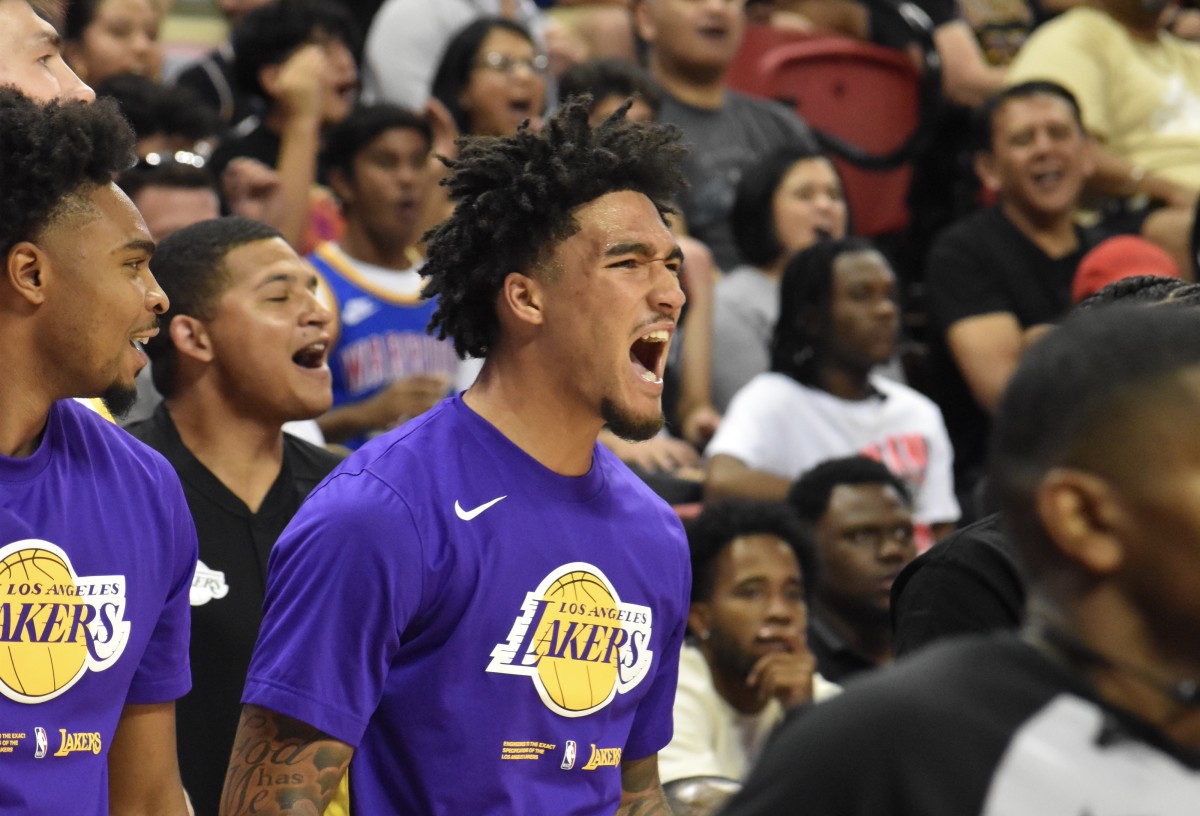 Jalen Hood-Schifino reacts to his teammates during the Lakers matchup with the Golden State Warriors at the Thomas & Mack Center.