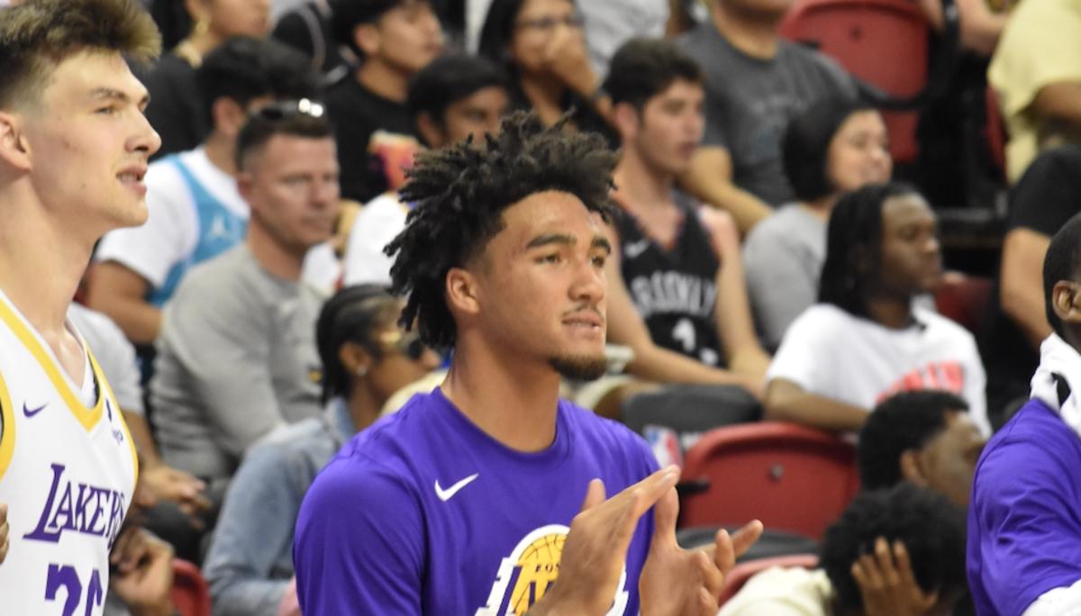 Jalen Hood-Schifino supporting teammates after a three point play during the Lakers matchup with Golden State.