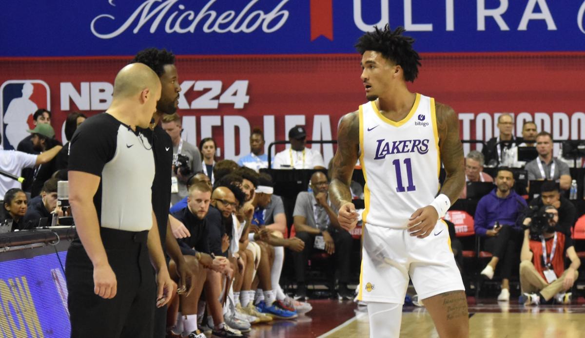 Jalen Hood-Schifino (11) checks in during free throws at the Thomas & Mack Center. The Lakers played the Warriors on opening night of NBA Summer League.