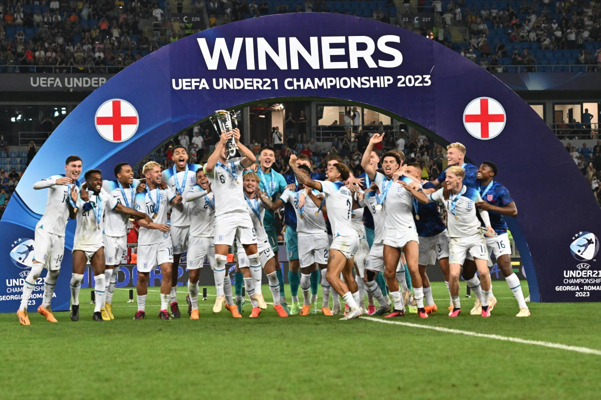 England's players pictured celebrating with their trophy after winning the 2023 UEFA European Under-21 Championship