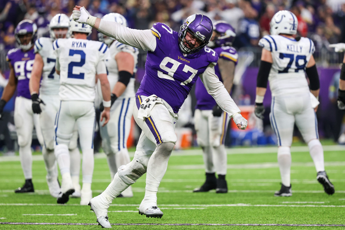 Dec 17, 2022; Minneapolis, Minnesota, USA; Minnesota Vikings defensive tackle Harrison Phillips (97) reacts to a stop during the fourth quarter against the Indianapolis Colts at U.S. Bank Stadium.