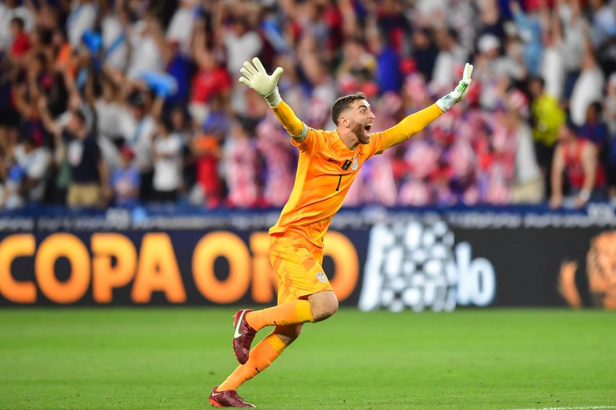 USMNT goalkeeper Matt Turner pictured celebrating after saving two penalty kicks in a shootout victory over Canada in the quarter-finals of the 2023 CONCACAF Gold Cup