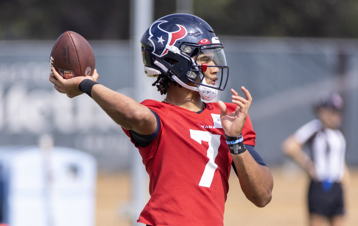 C.J. Stroud pulls his arm back to throw the ball