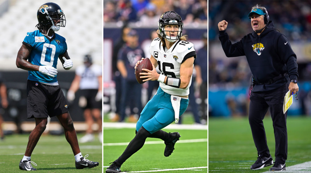 Calvin Ridley stands at OTAs; Trevor Lawrence runs with the ball; Doug Pederson stands on the sidelines yelling with his fist raised