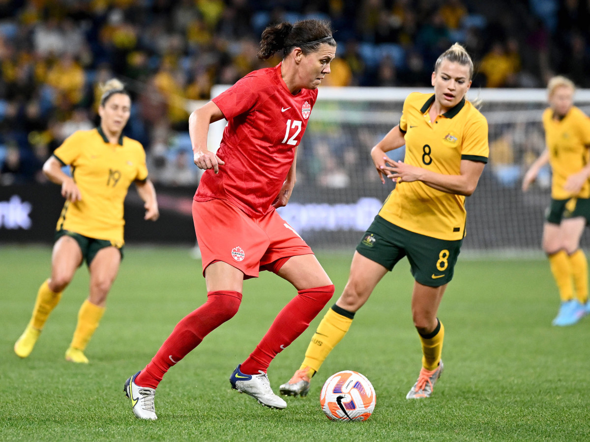 Canada forward Christine Sinclair controls the ball during a friendly, against Australia.