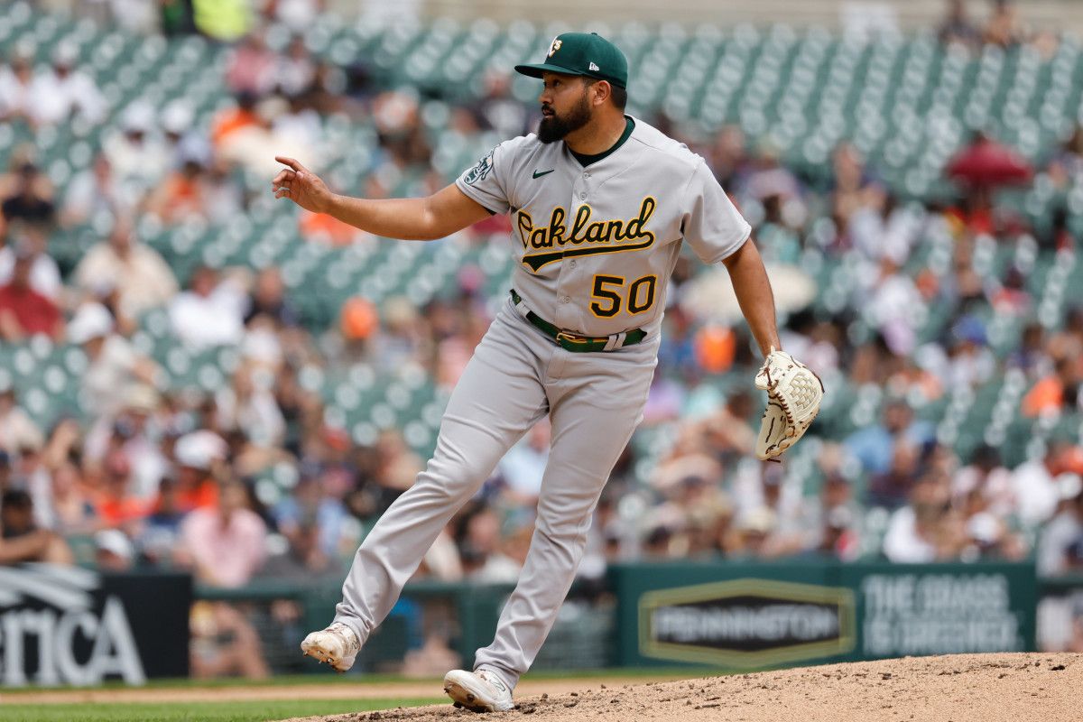 Oakland Athletics starting pitcher Rico Garcia pitches in the fifth inning against the Detroit Tigers at Comerica Park. (2023)