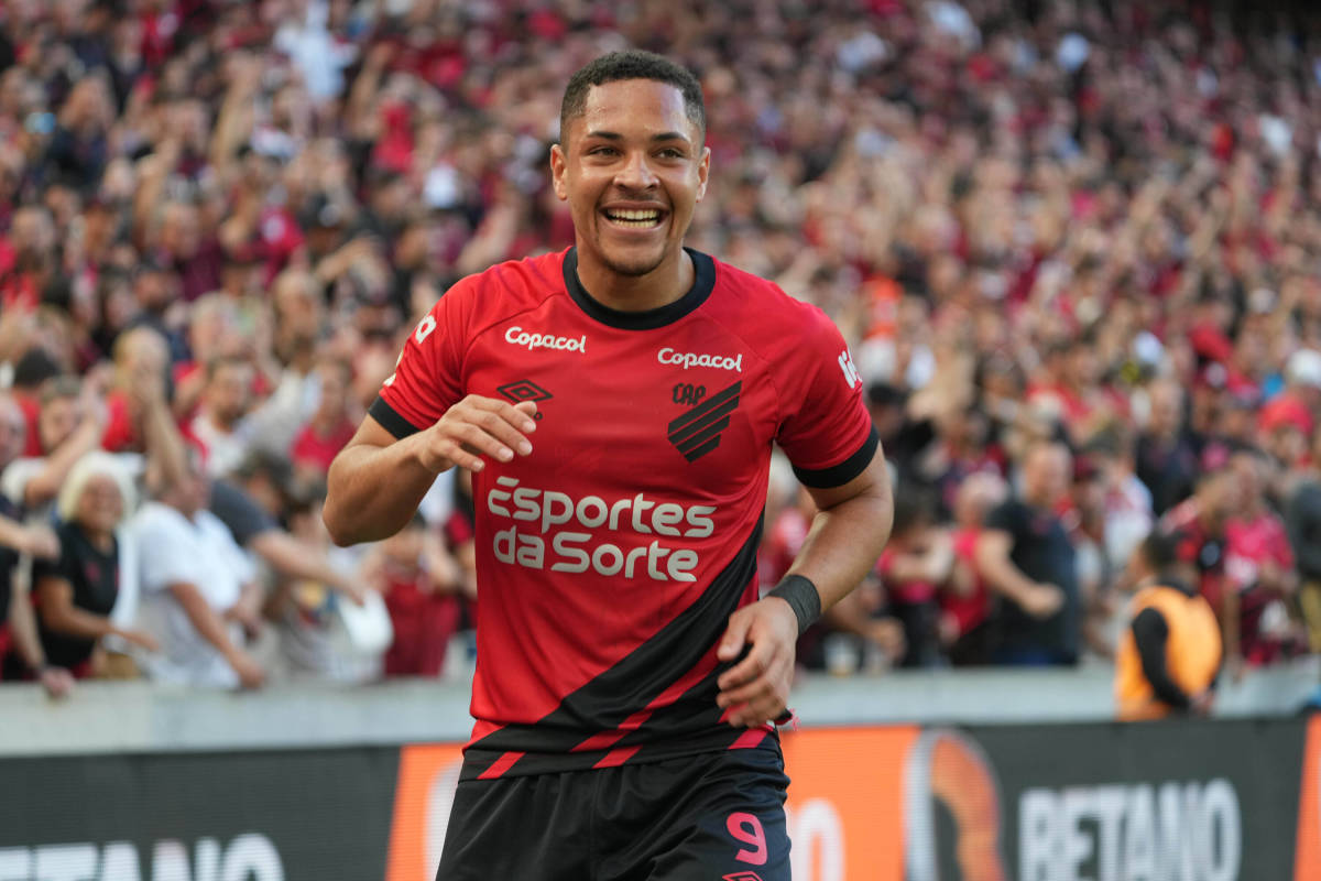 Vitor Roque pictured celebrating after scoring a goal for Athletico Paranaense against Corinthians in June 2023