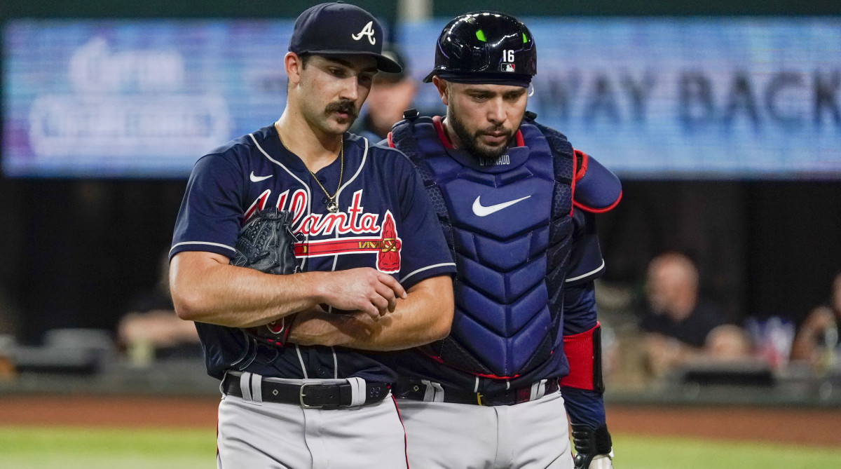 Atlanta Braves starting pitcher Spencer Strider and catcher Travis d'Arnaud.