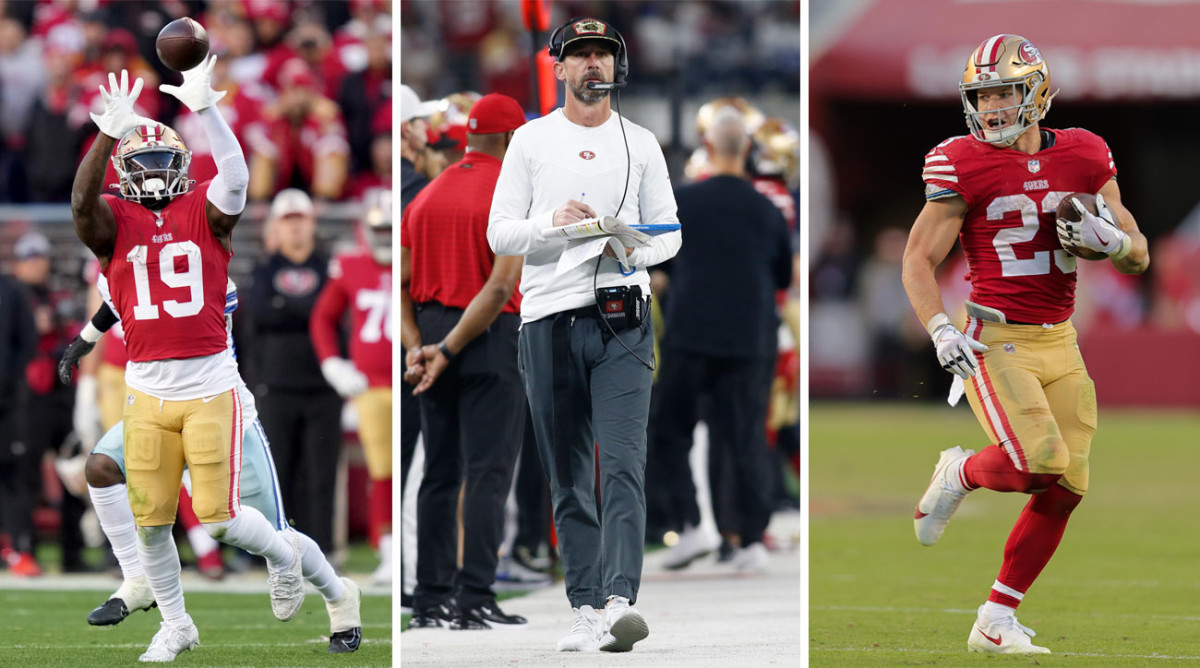 Deebo Samuel puts his hands up to catch the ball; Kyle Shanahan walks down the sideline holding a clipboard; Christian McCaffrey runs with the ball in one hand